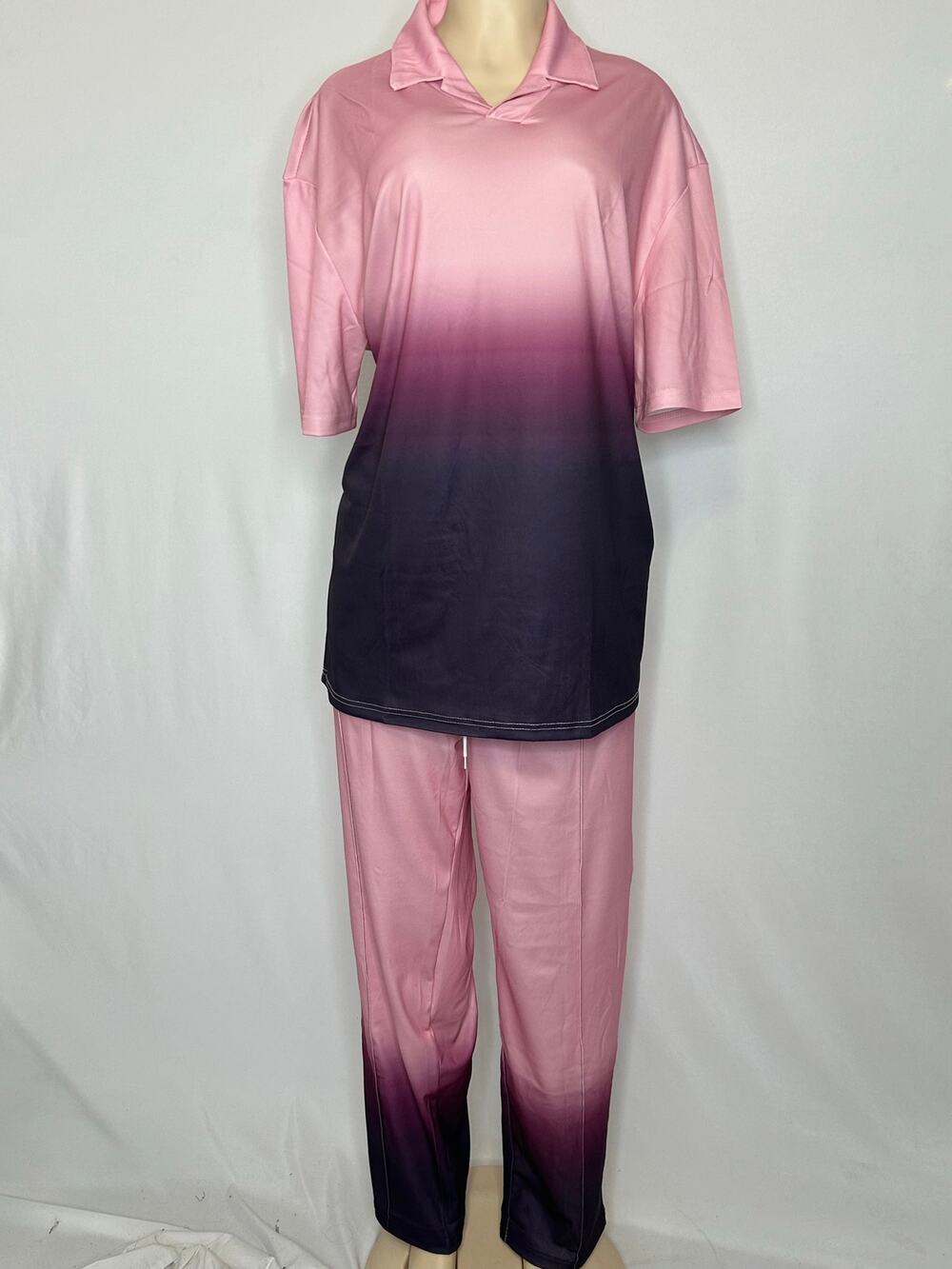 Womens 2XL Pink Orange Ombre Two Piece Pants Set Collared Top Lounge Outfit
